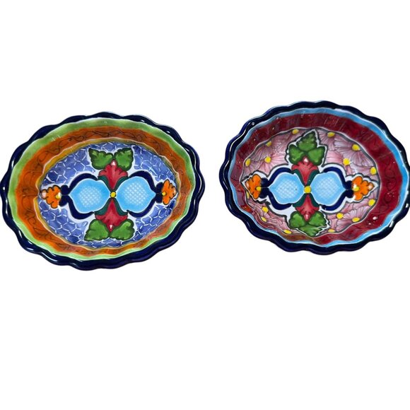 Hand-Painted Mexican Talavera Oval Dish Set Of 2 - Blue & Red Floral Design 5.5" - Picture 2 of 16